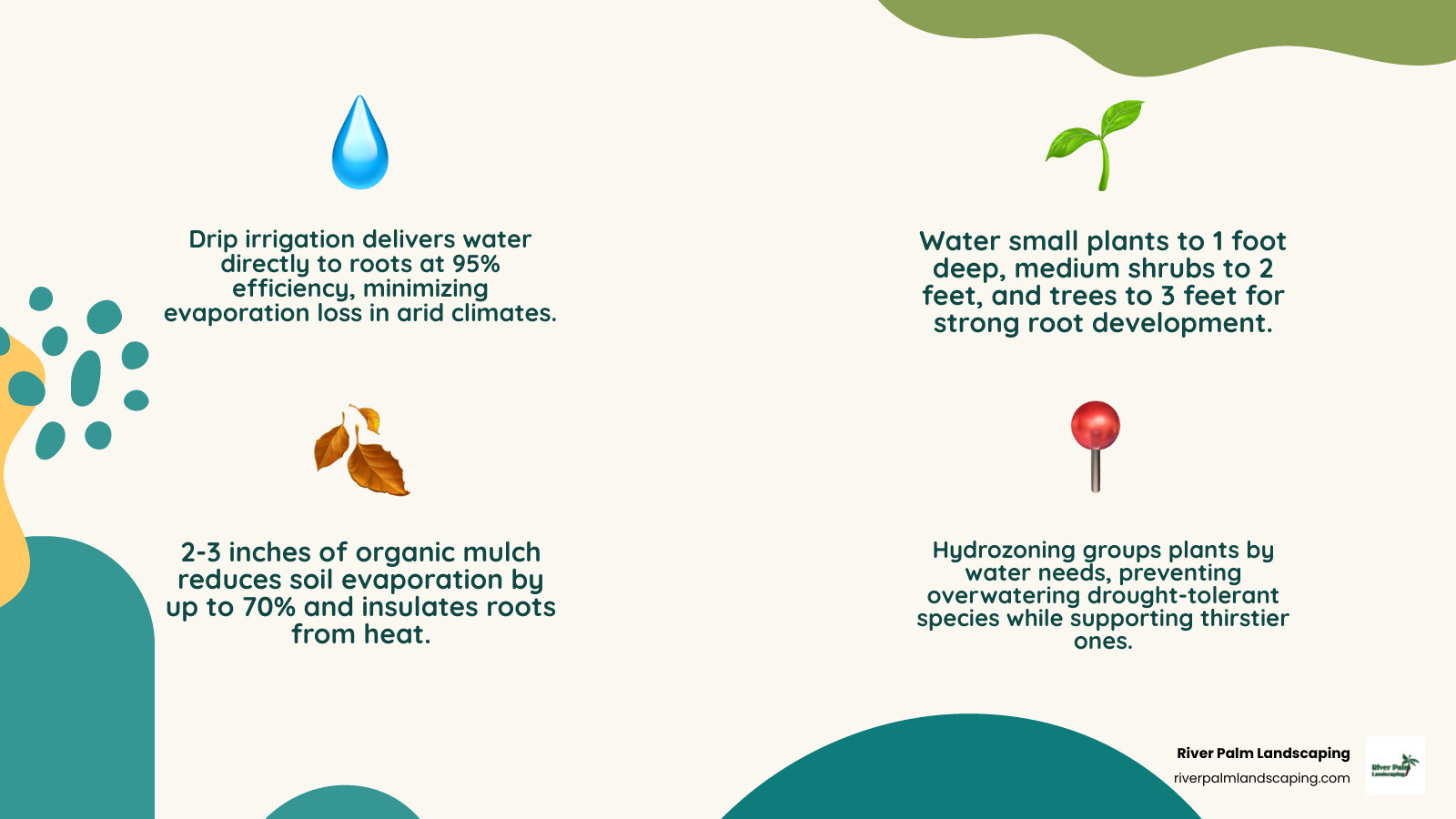 Desert irrigation efficiency infographic: drip system efficiency 95%, watering depths by plant size, mulch benefits, and