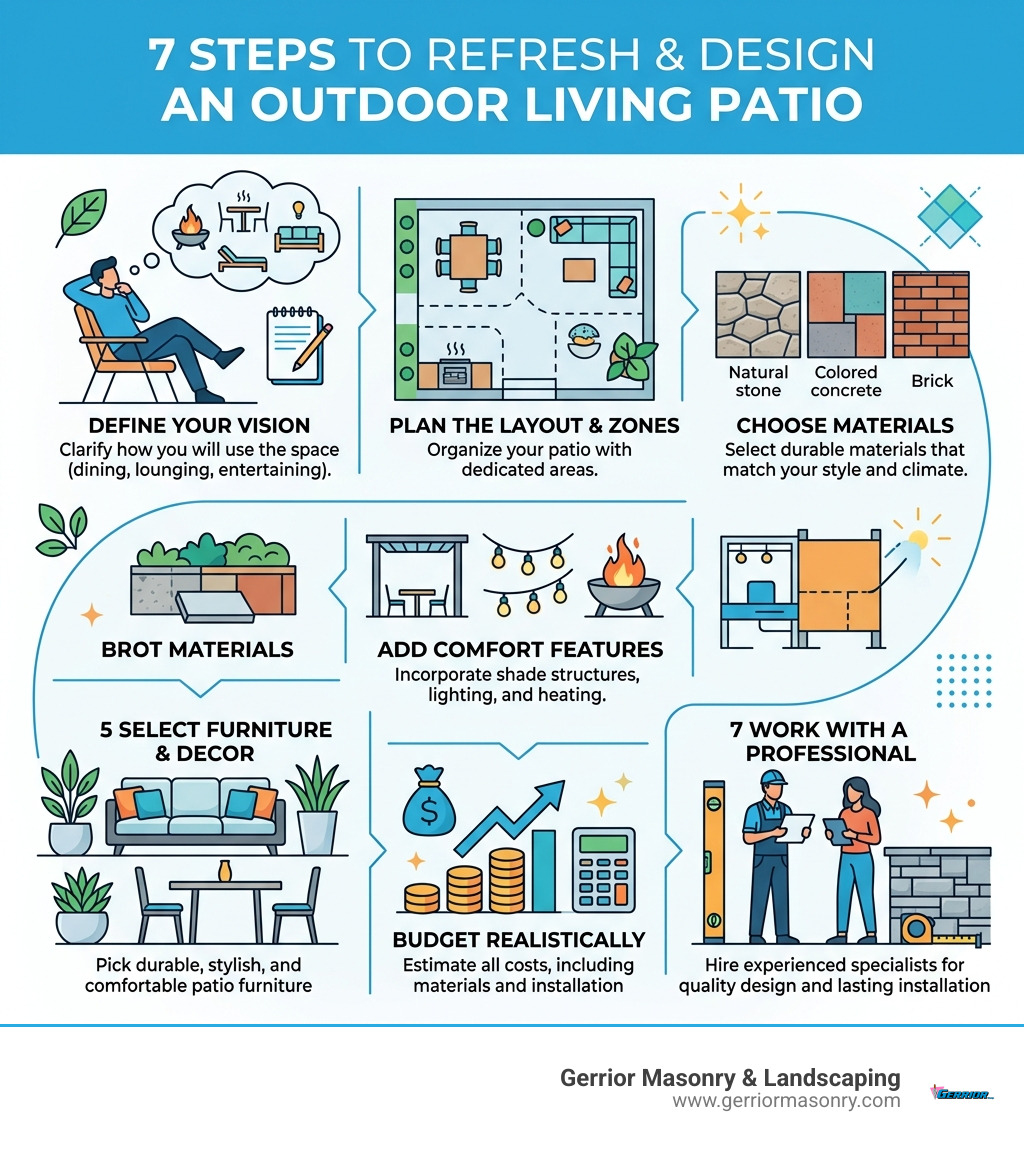 7 steps to refresh and design an outdoor living patio infographic - outdoor living patio infographic 