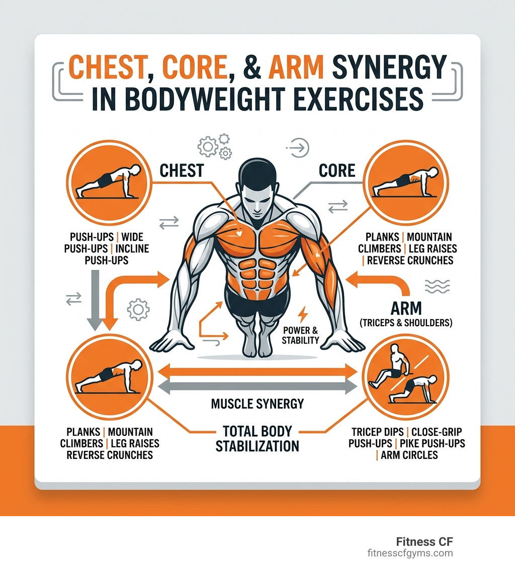 Infographic showing chest, core, and arm muscle synergy in bodyweight exercises - abs chest and arms workout at home without Infographic showing chest, core, and arm muscle synergy in bodyweight exercises - abs chest and arms workout at home without