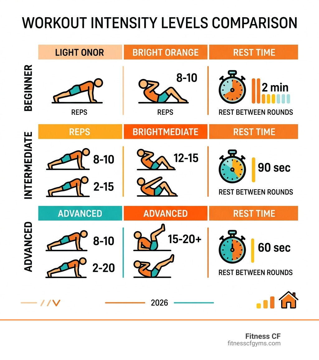 Infographic comparing workout intensity levels by reps and rest time - abs chest and arms workout at home without equipment Infographic comparing workout intensity levels by reps and rest time - abs chest and arms workout at home without equipment