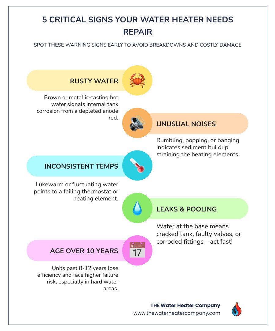 Infographic showing top 5 water heater failure warning signs with icons and brief descriptions - signs your water heater Infographic showing top 5 water heater failure warning signs with icons and brief descriptions - signs your water heater