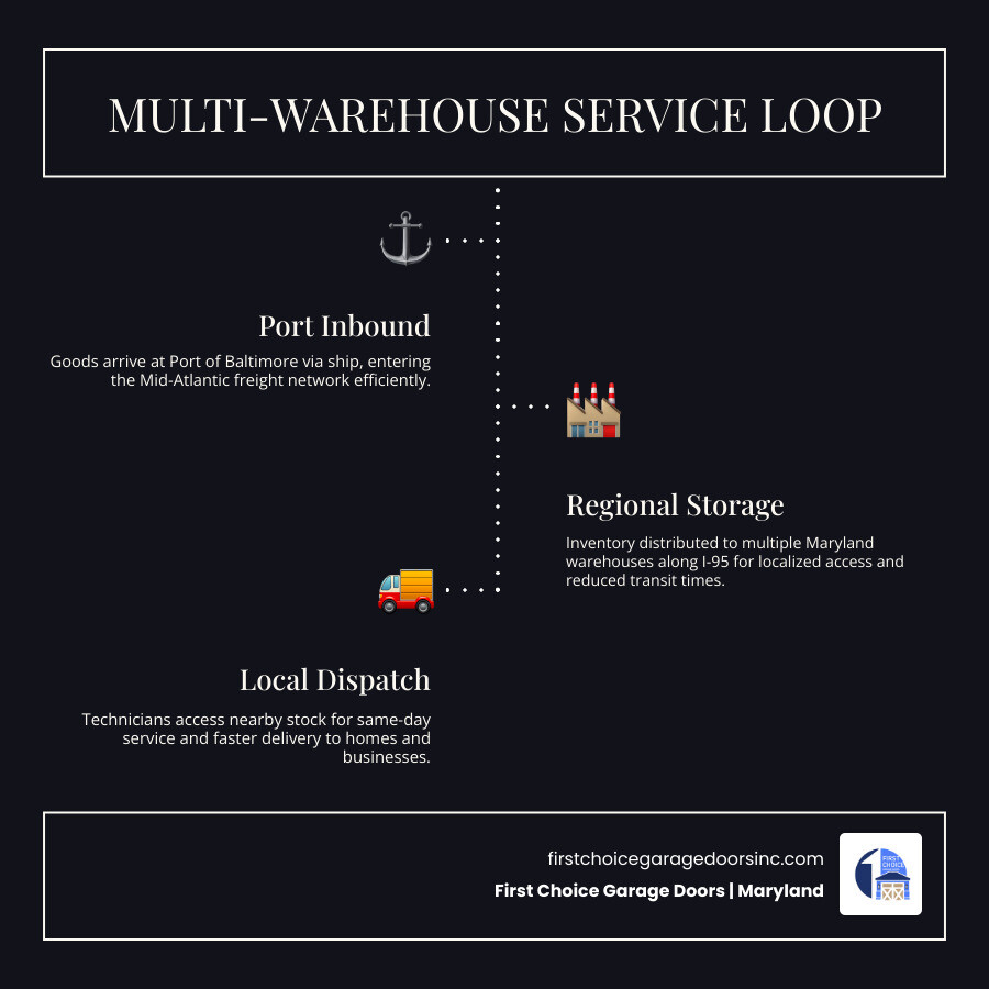 Infographic showing multi-warehouse service loop: port inbound, regional storage, local dispatch, faster delivery - how