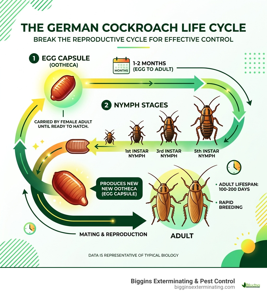German cockroach life cycle infographic showing egg capsule nymph stages and adult with timeline - effective cockroach