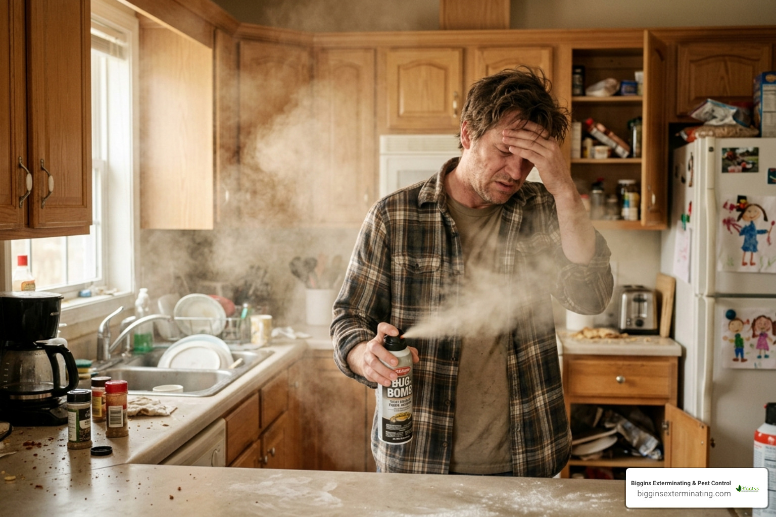 A homeowner using an ineffective and messy total-release fogger in a kitchen - effective cockroach treatment