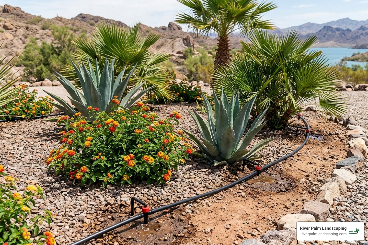 Healthy desert plants with drip emitters - efficient irrigation desert gardens