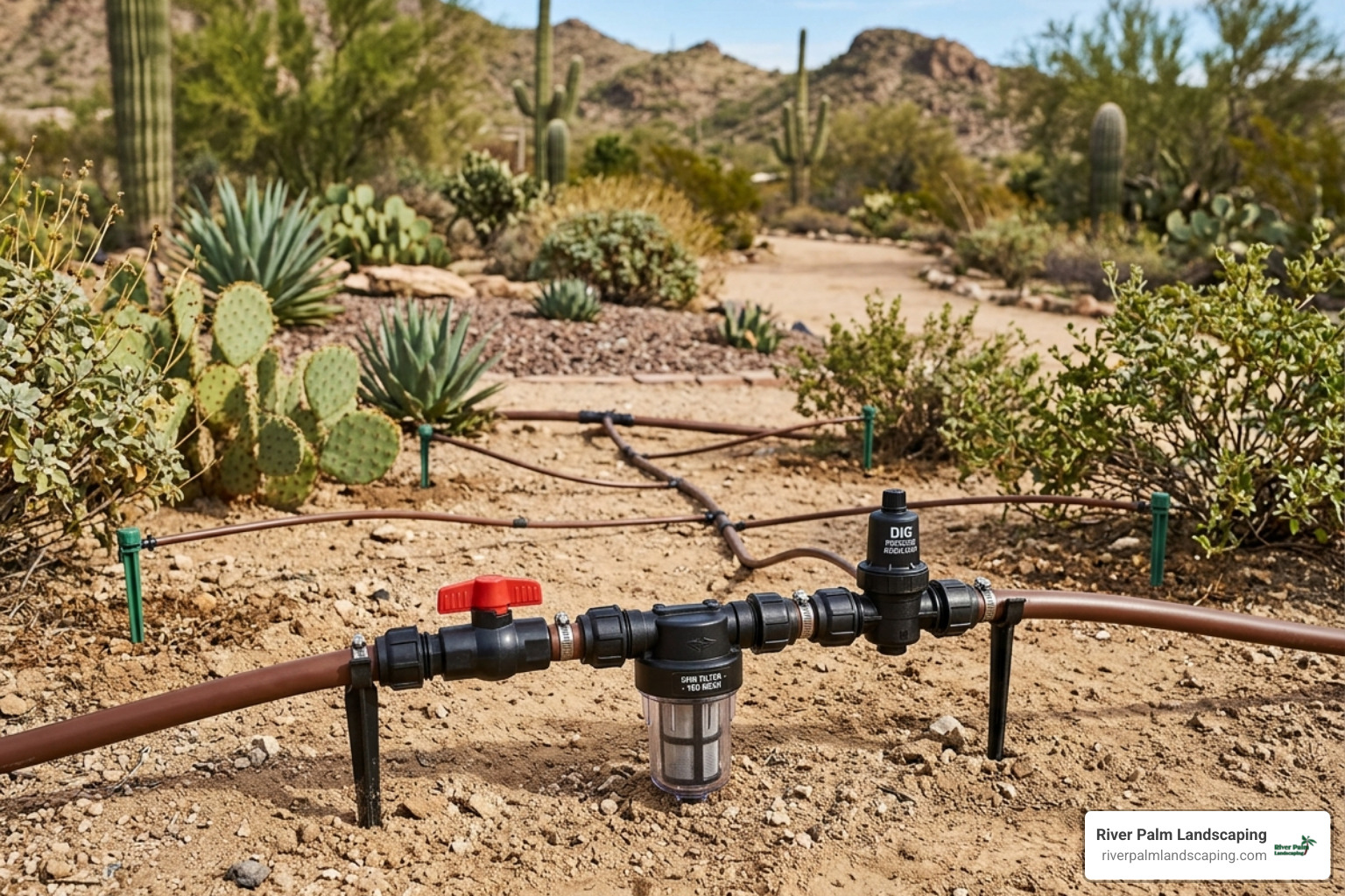 Drip irrigation components layout showing valve, filter, and pressure regulator - efficient irrigation desert gardens