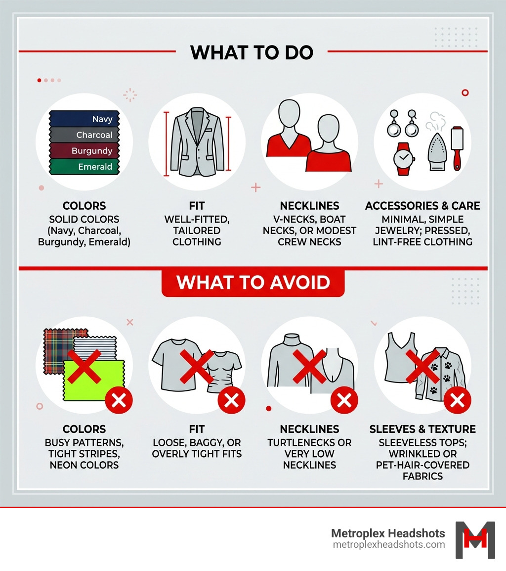 Quick guide infographic: what to wear for a professional photo — colors, fit, necklines, accessories dos and don'ts - what