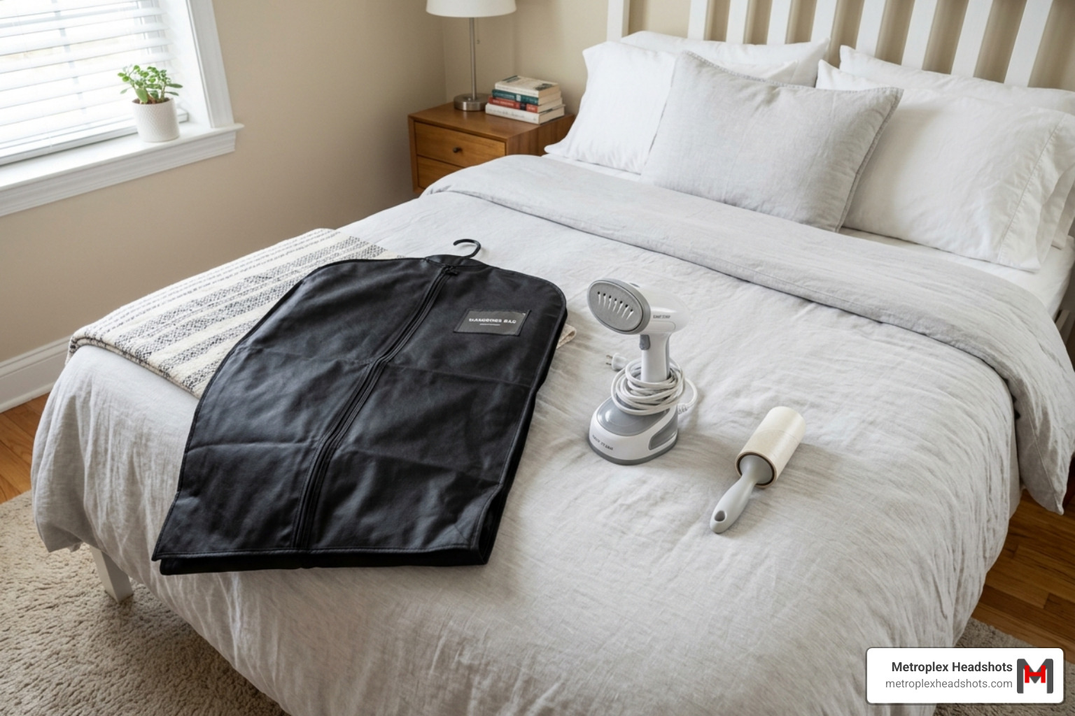 Image of a wardrobe bag, a handheld steamer, and a lint roller laid out on a bed - what to wear for a professional photo