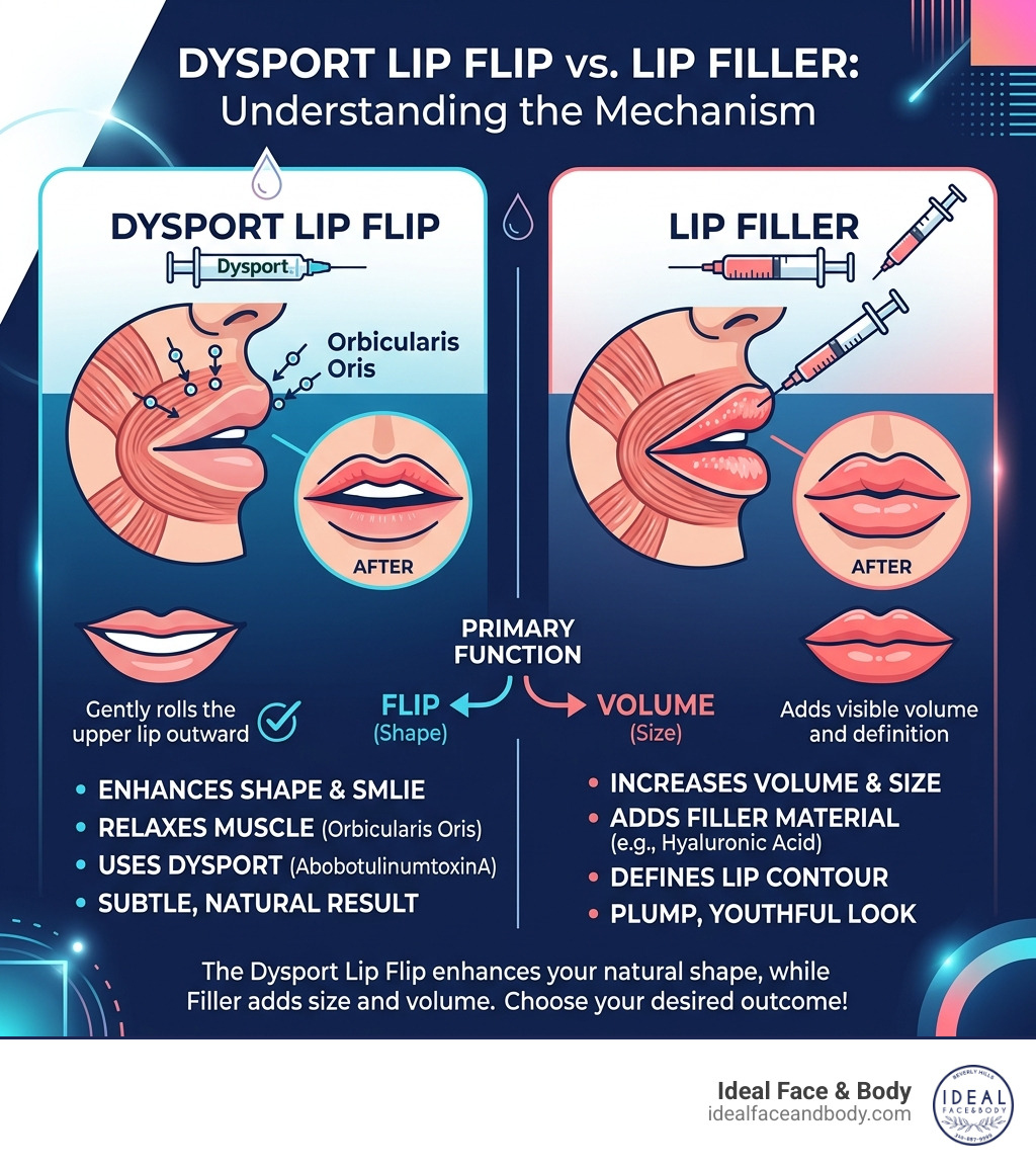 Dysport lip flip vs filler mechanism: flip enhances shape, filler adds volume infographic - dysport lip flip infographic Dysport lip flip vs filler mechanism: flip enhances shape, filler adds volume infographic - dysport lip flip infographic