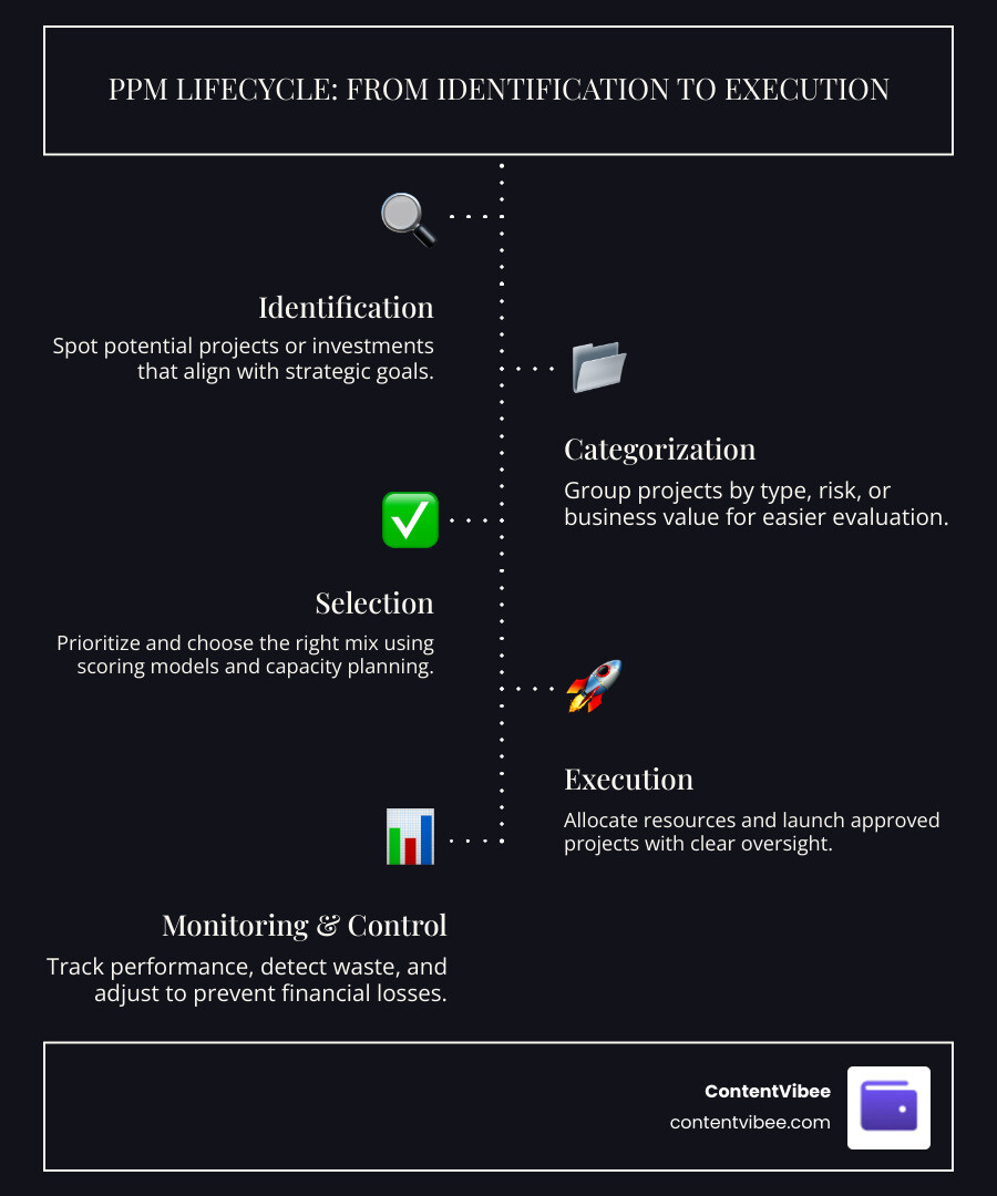 PPM lifecycle from identification through categorization selection and execution - portfolio management tools infographic