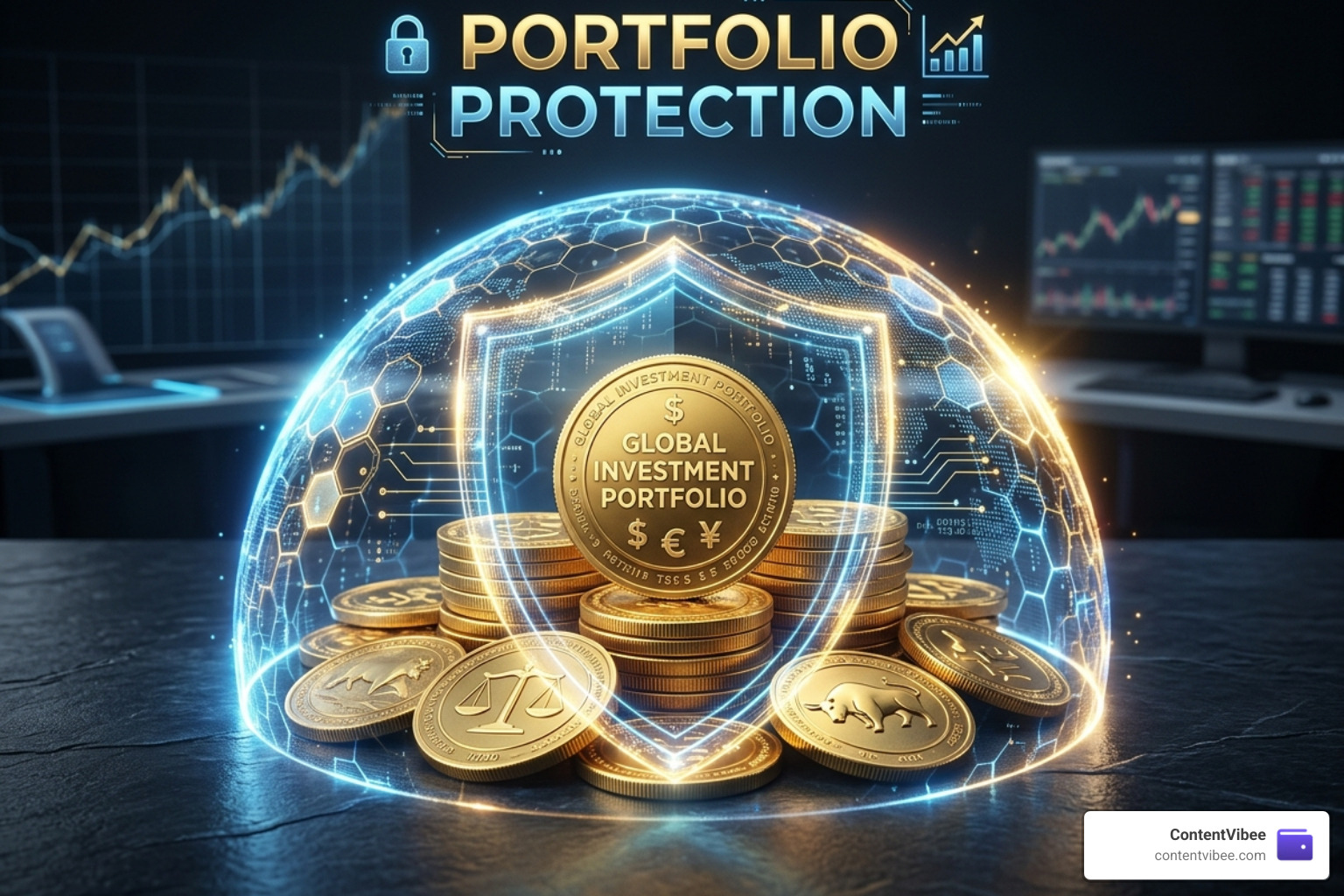 A digital shield protecting a cluster of golden coins representing portfolio protection - portfolio risk management tool