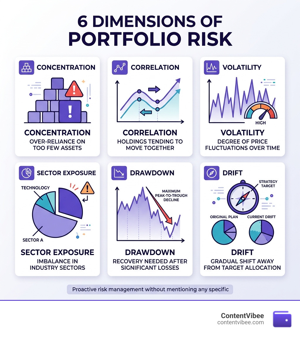 Infographic showing the 6 dimensions of portfolio risk: concentration, correlation, volatility, sector exposure, drawdown