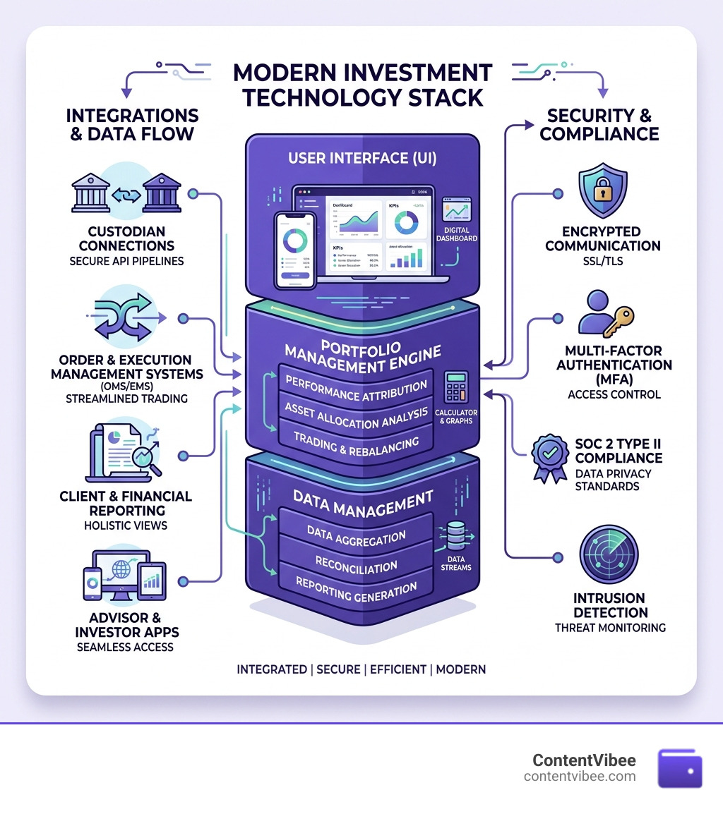 Modern investment technology stack showing portfolio software layers, security, and integrations - investment portfolio