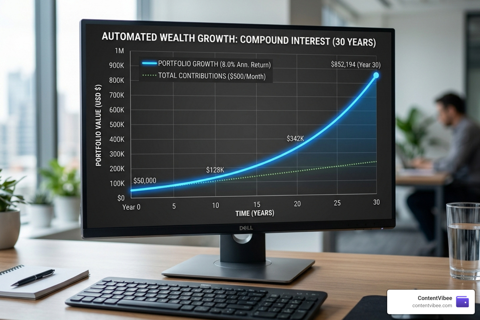 automated wealth growth chart showing compound interest over 30 years - robo advisor for beginners