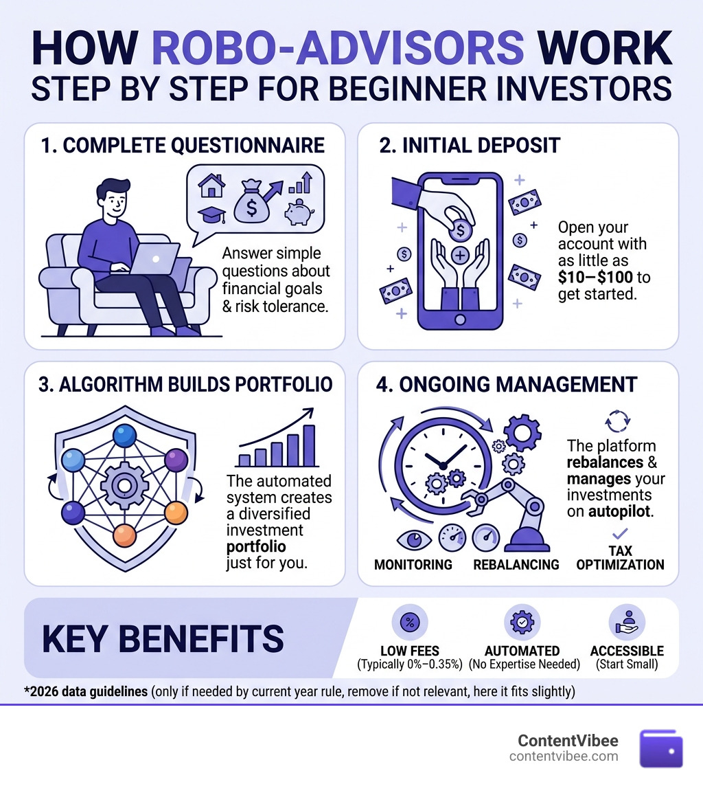 How robo-advisors work step by step for beginner investors infographic - robo advisor for beginners infographic 