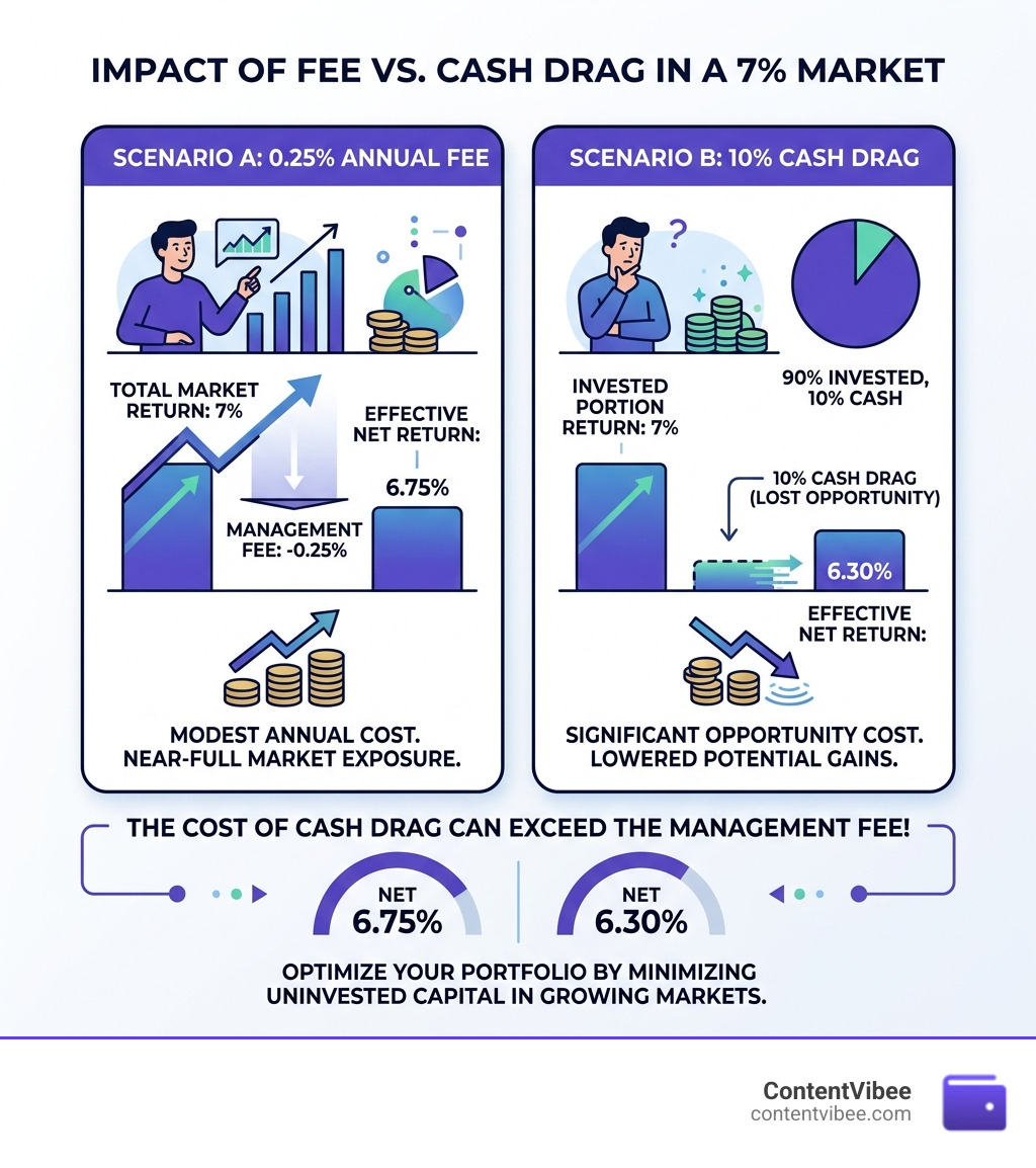 Comparison of 0.25% fee vs. 10% cash drag in a 7% return market - robo advisor fees comparison infographic 