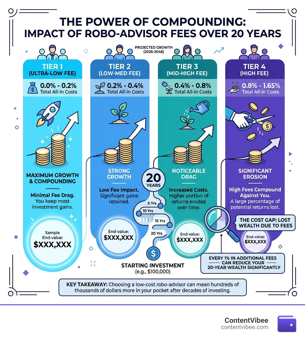 fee compounding over 20 years across robo-advisor cost tiers from 0% to 1.65% - robo advisor fees comparison infographic 