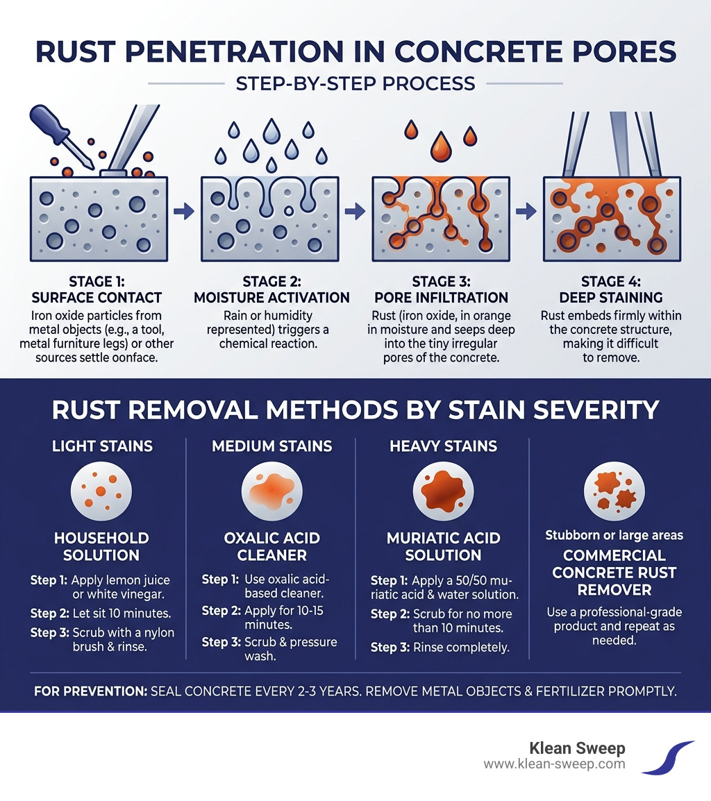 Infographic showing how rust penetrates concrete pores step by step and removal methods by stain severity - removing rust Infographic showing how rust penetrates concrete pores step by step and removal methods by stain severity - removing rust