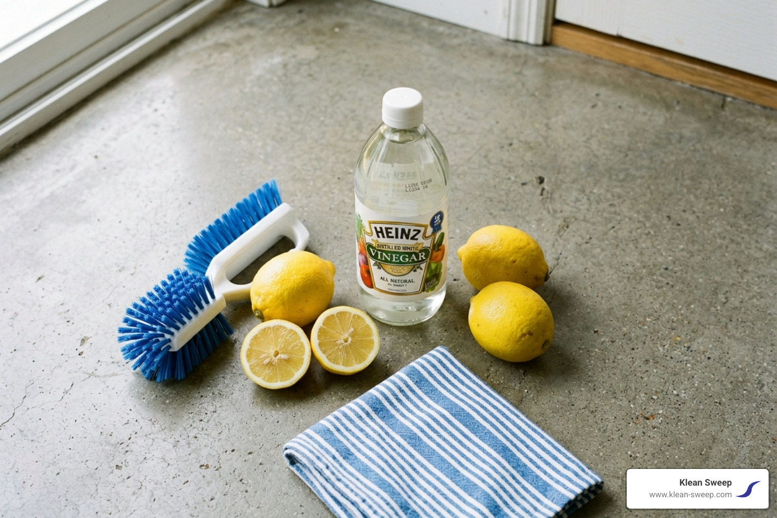 A collection of household items like lemons, white vinegar, and a nylon scrubbing brush on a concrete floor - removing rust A collection of household items like lemons, white vinegar, and a nylon scrubbing brush on a concrete floor - removing rust