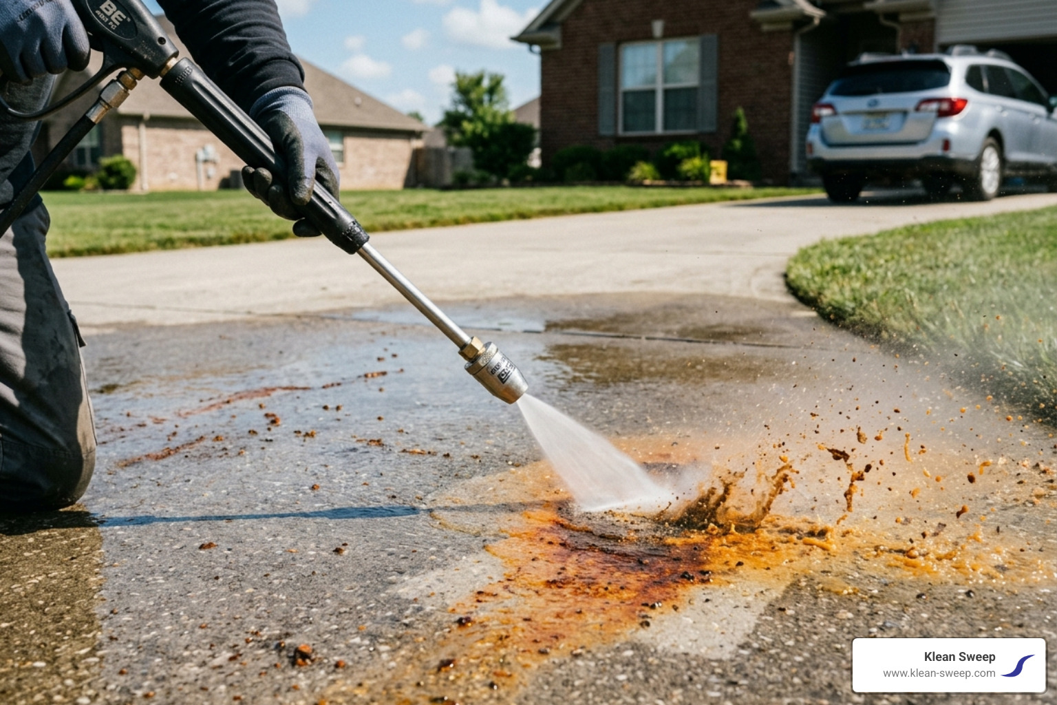 A professional-grade pressure washer nozzle removing a stubborn rust stain from a concrete driveway - removing rust from A professional-grade pressure washer nozzle removing a stubborn rust stain from a concrete driveway - removing rust from