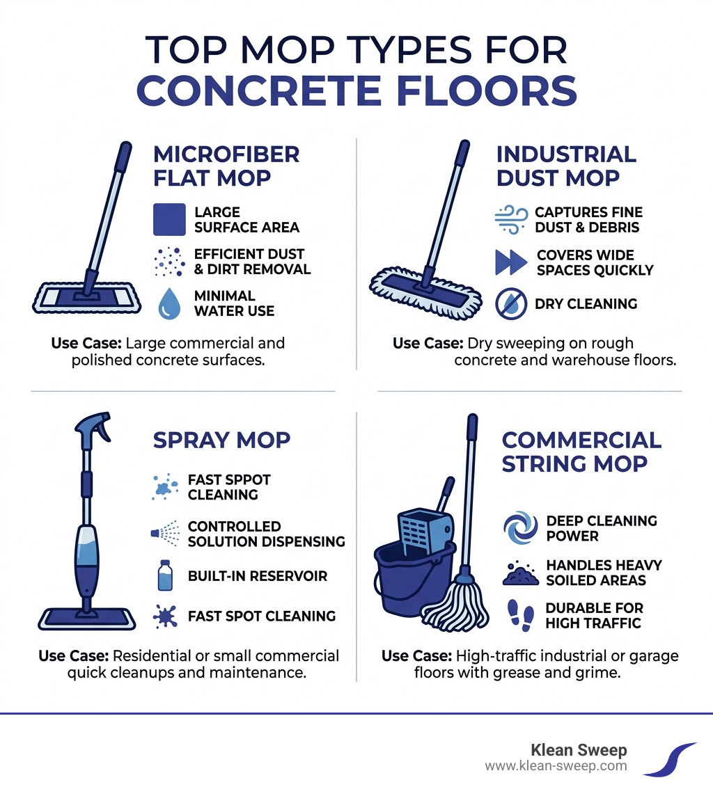 Infographic showing top mop types for concrete floors with key features and use cases - mop for concrete floors infographic 