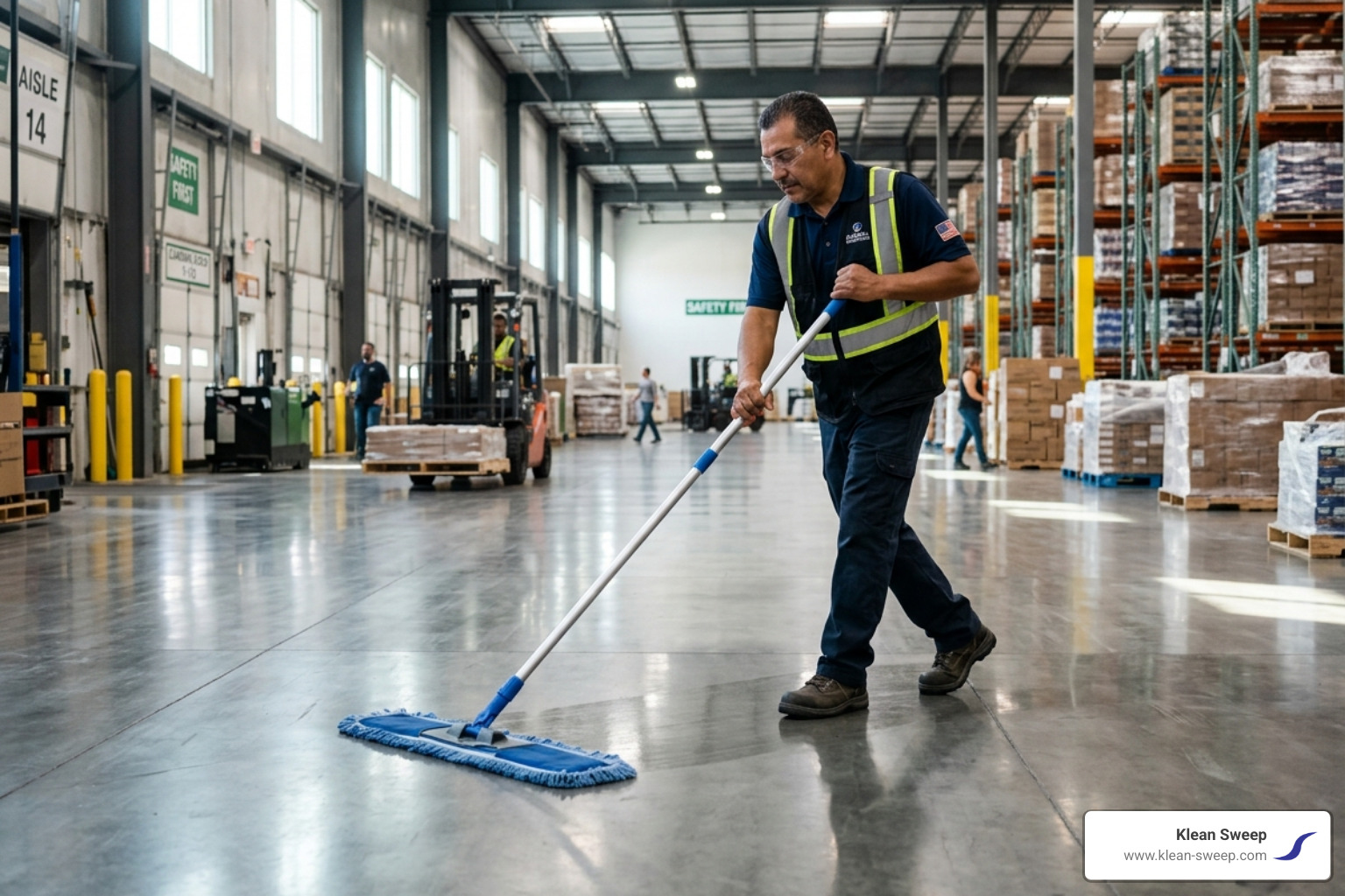 Worker using a microfiber dust mop on a large polished concrete floor - caring for polished concrete floors Worker using a microfiber dust mop on a large polished concrete floor - caring for polished concrete floors