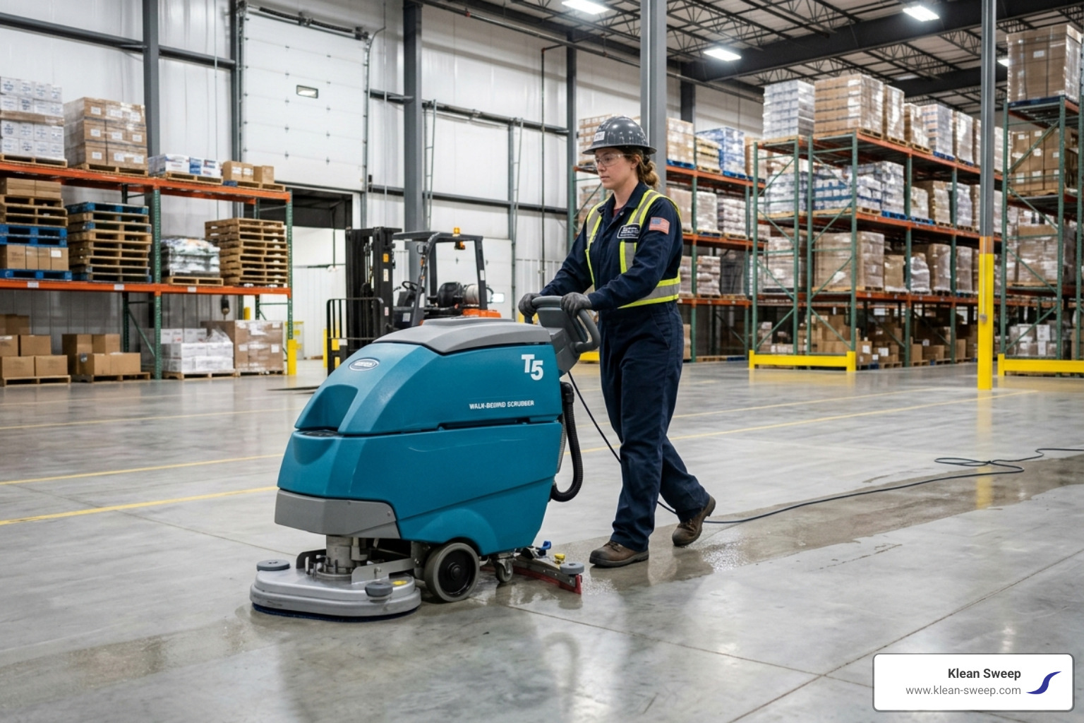 A technician using a walk-behind floor scrubber on concrete - concrete mop cleaner A technician using a walk-behind floor scrubber on concrete - concrete mop cleaner