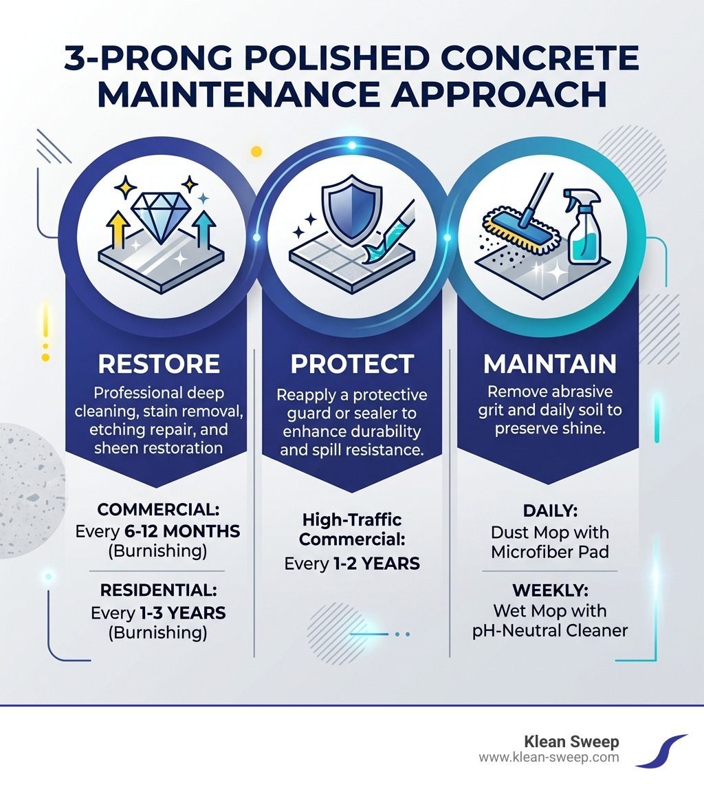 3-prong polished concrete maintenance approach: Restore, Protect, Maintain with frequency schedule - polished concrete floor 3-prong polished concrete maintenance approach: Restore, Protect, Maintain with frequency schedule - polished concrete floor