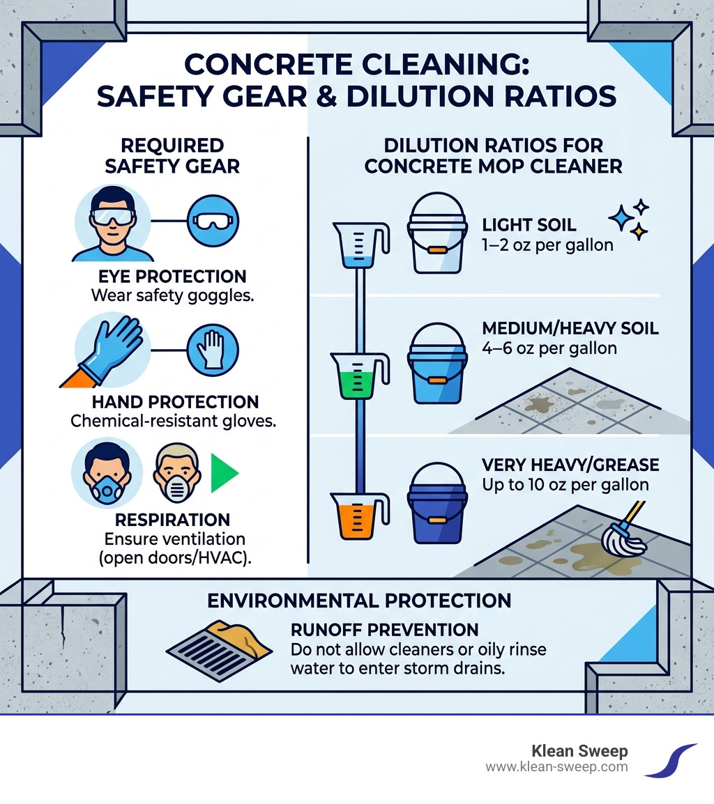 Infographic: Safety gear and dilution ratios for concrete cleaning - concrete mop cleaner infographic Infographic: Safety gear and dilution ratios for concrete cleaning - concrete mop cleaner infographic
