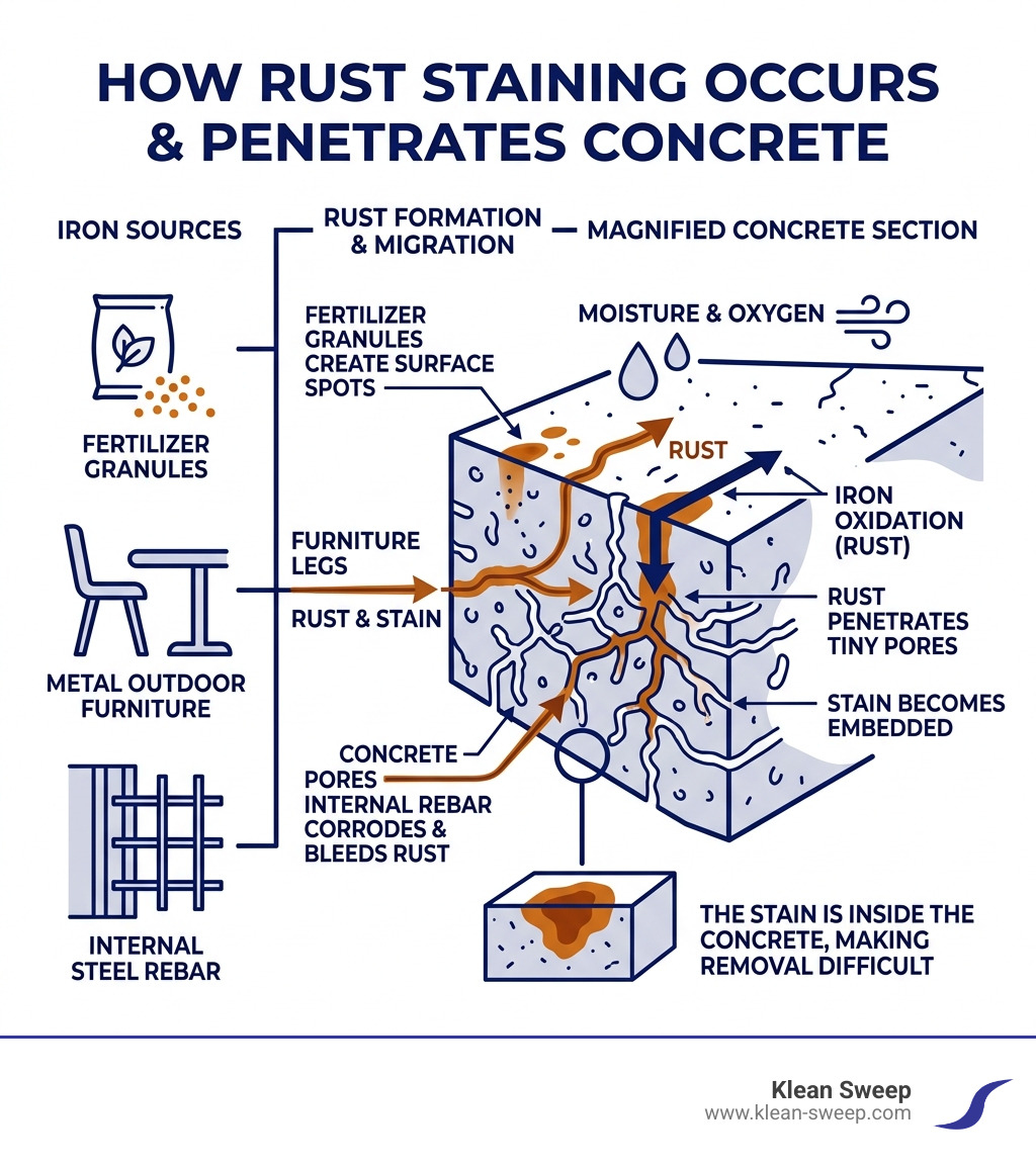 Infographic showing how rust penetrates concrete pores from iron sources like fertilizer, rebar, and metal furniture Infographic showing how rust penetrates concrete pores from iron sources like fertilizer, rebar, and metal furniture