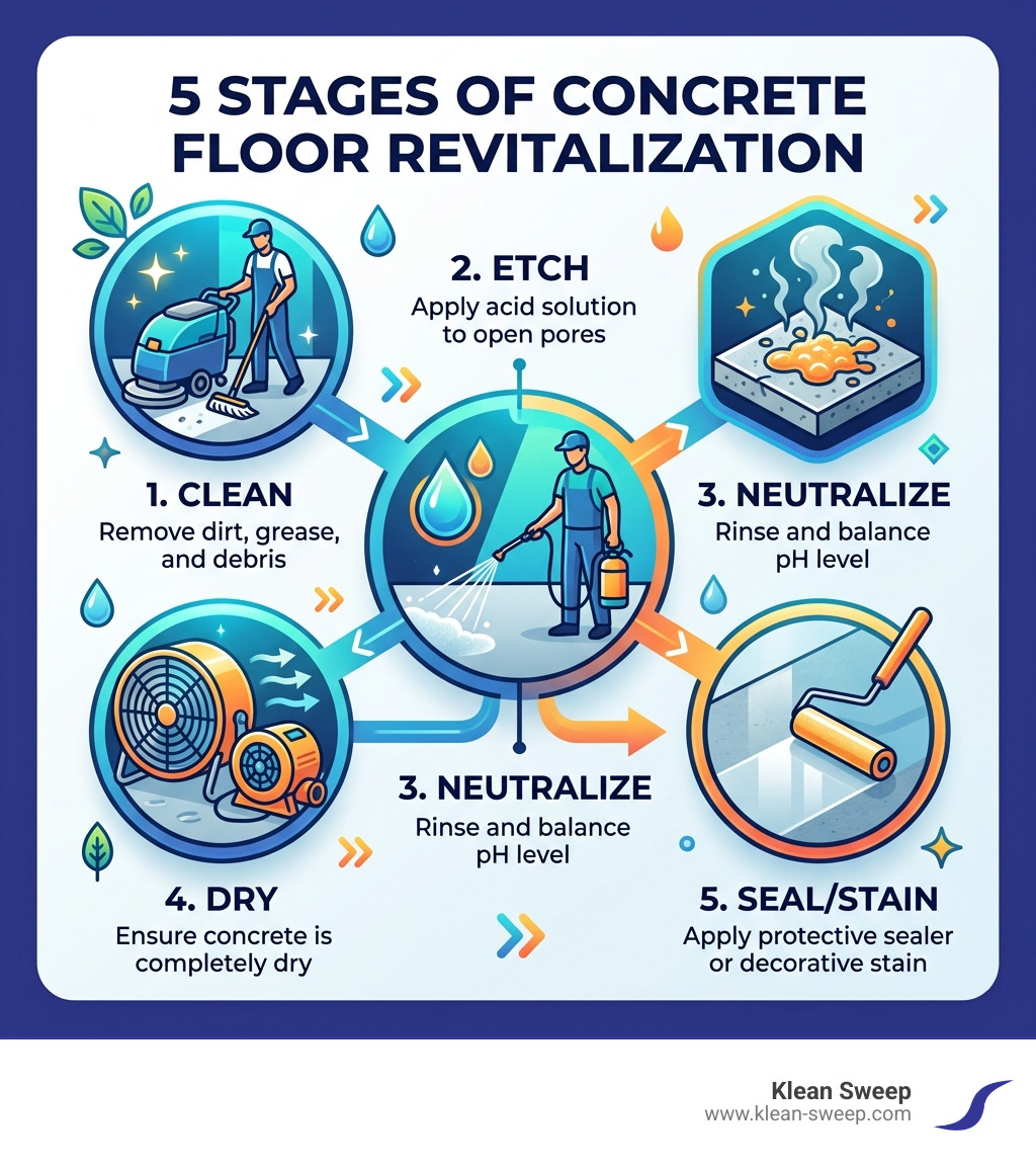 5 stages of concrete floor revitalization infographic: clean, etch, neutralize, dry, seal/stain - acid wash concrete