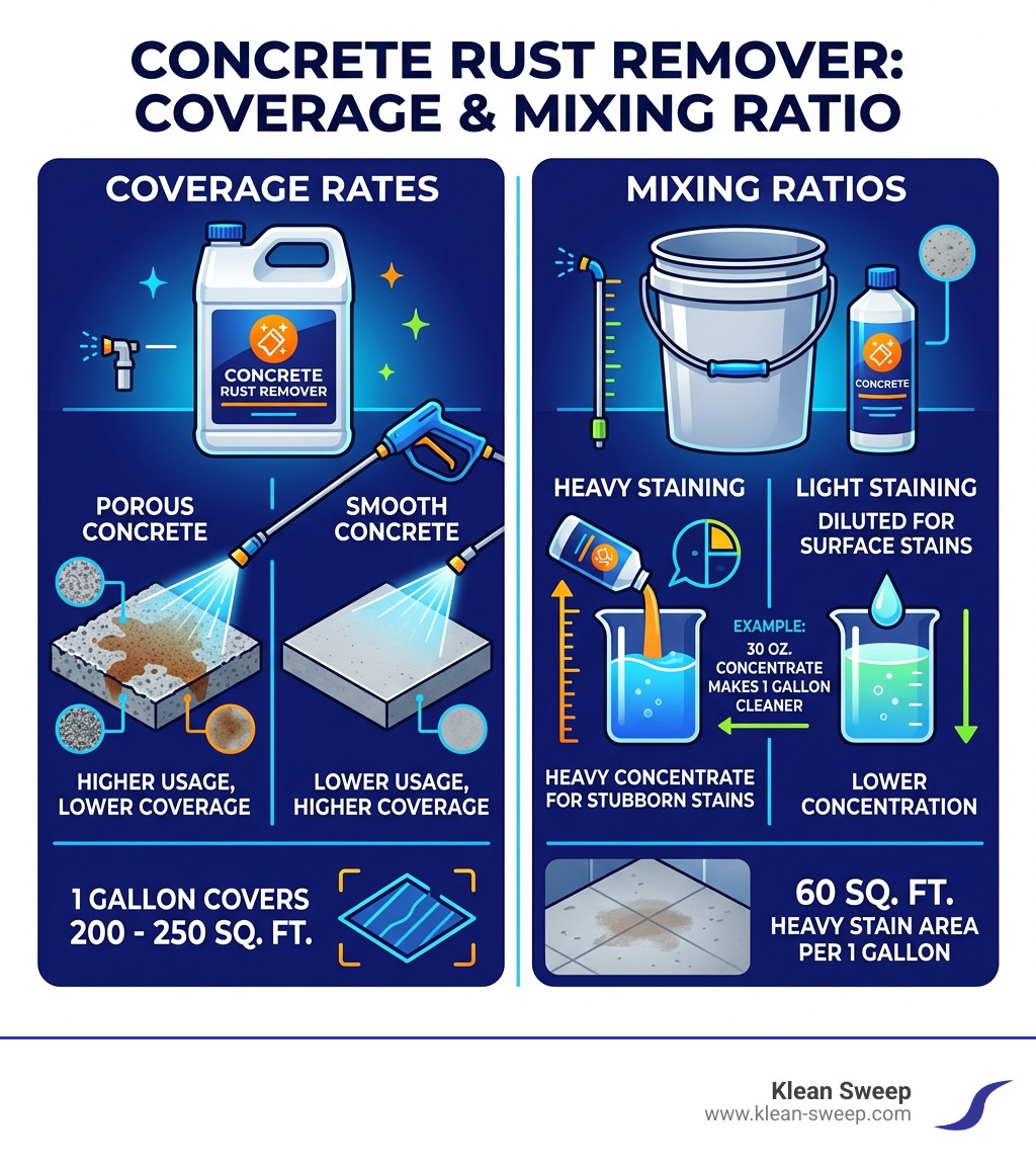 Infographic comparing coverage rates and mixing ratios for concrete rust removers - concrete rust stain cleaning infographic Infographic comparing coverage rates and mixing ratios for concrete rust removers - concrete rust stain cleaning infographic