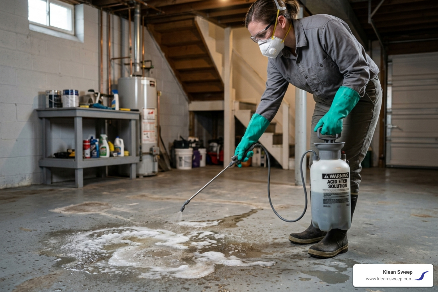 technician using a plastic sprayer for acid application - acid wash concrete basement floor