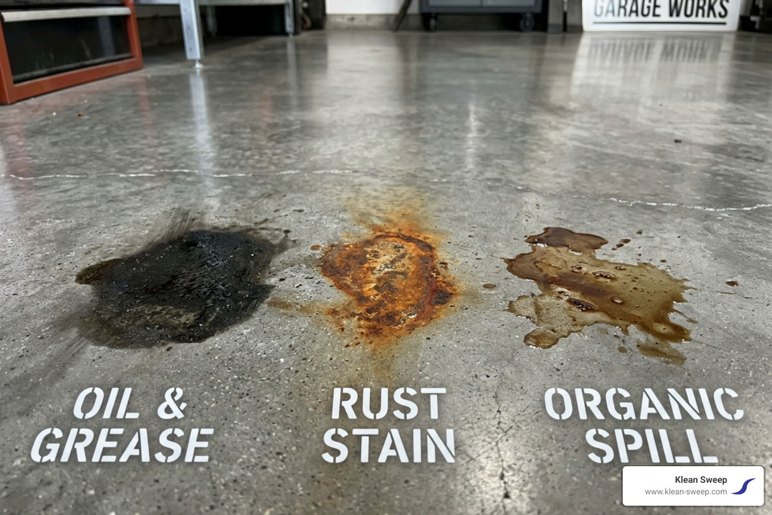 comparing oil, rust, and organic food stains on a concrete surface - concrete floor stain removal comparing oil, rust, and organic food stains on a concrete surface - concrete floor stain removal