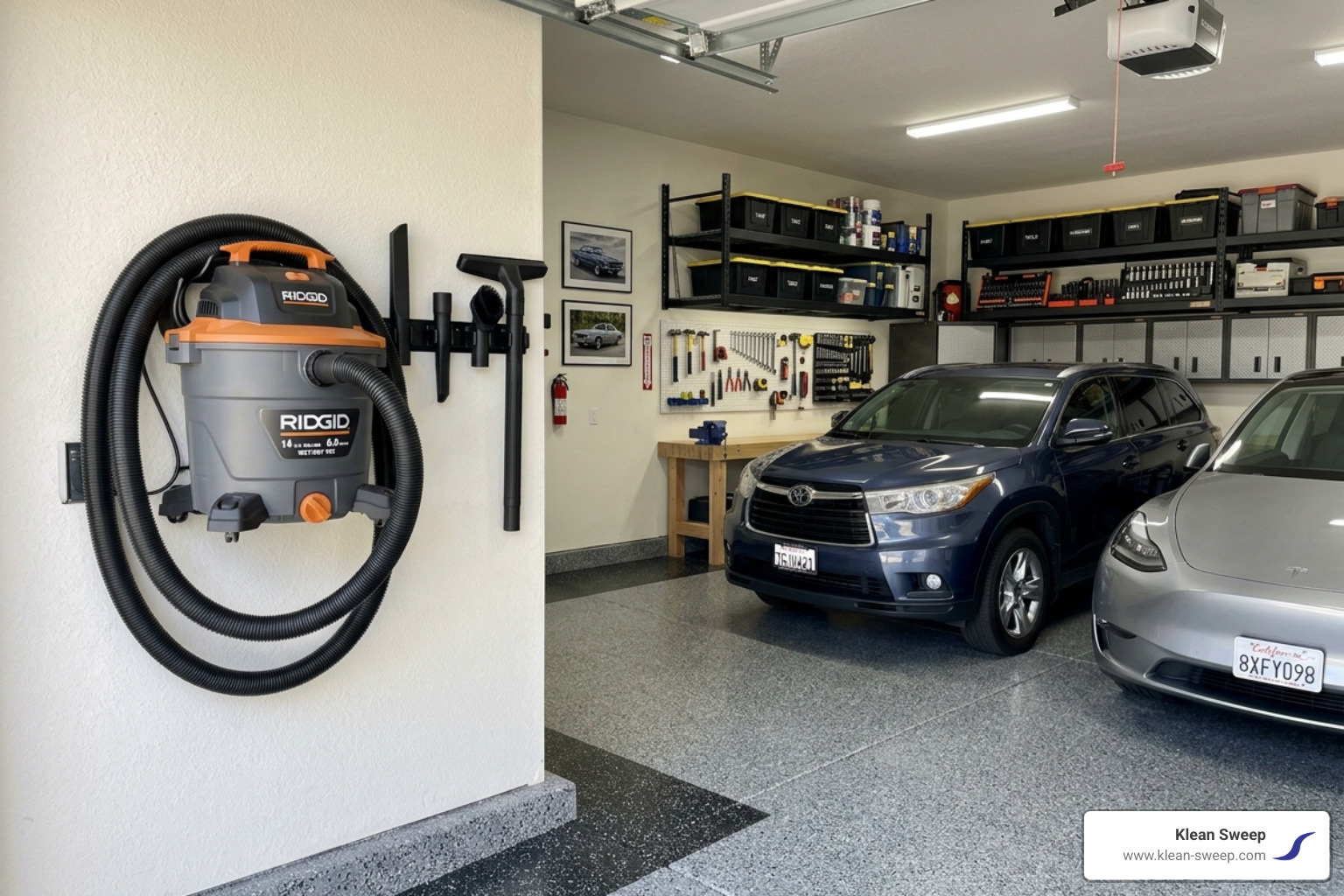 Wall-mounted wet-dry vacuum system in a clean garage - best mop for garage floor