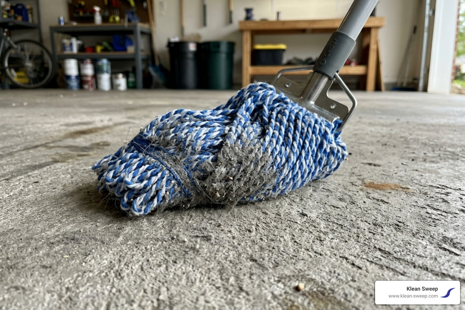 Microfiber mop head capturing fine dust on a concrete garage floor - best mop for garage floor