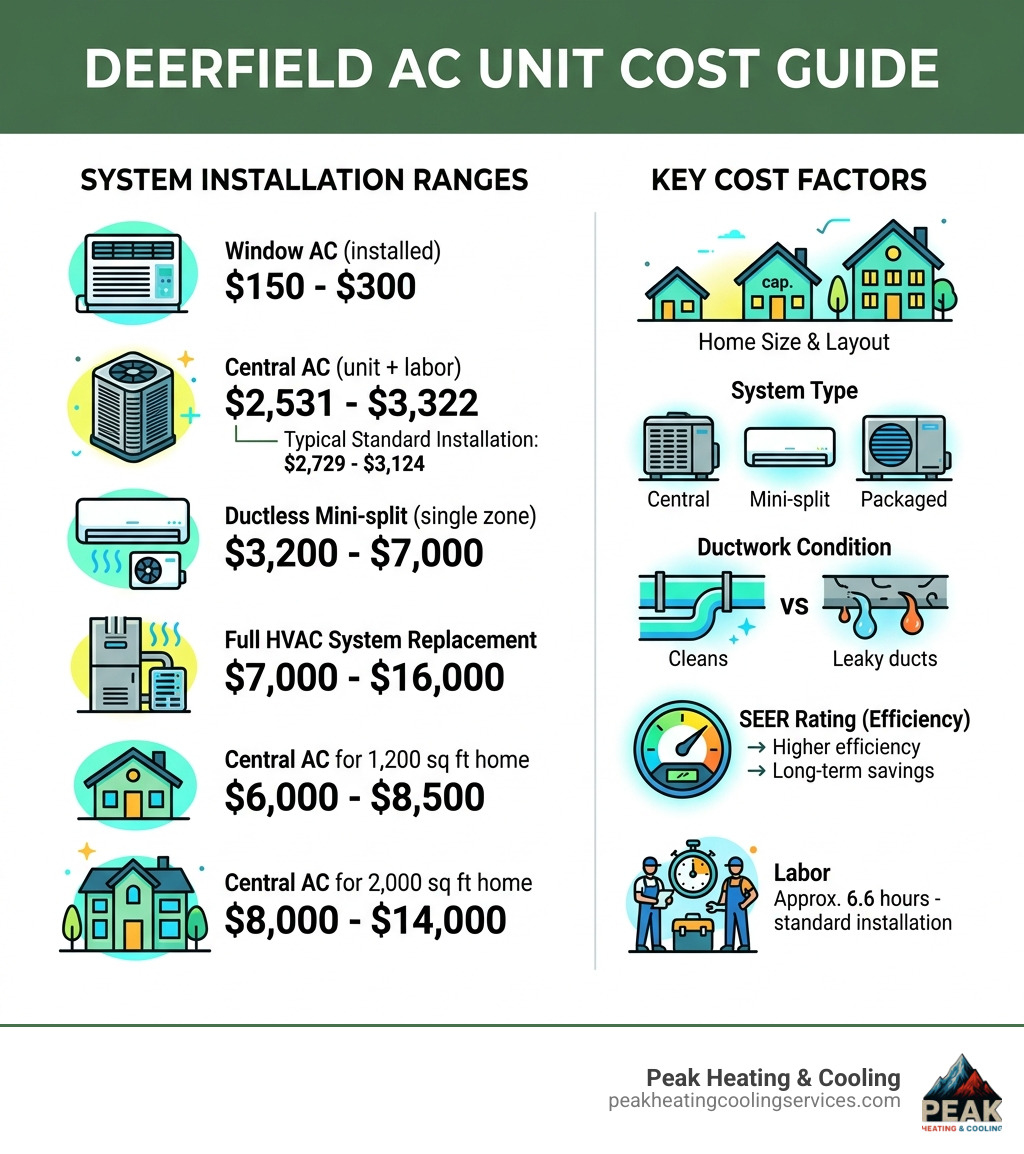 AC unit cost Deerfield infographic showing installation ranges by system type and key cost factors - AC unit cost Deerfield