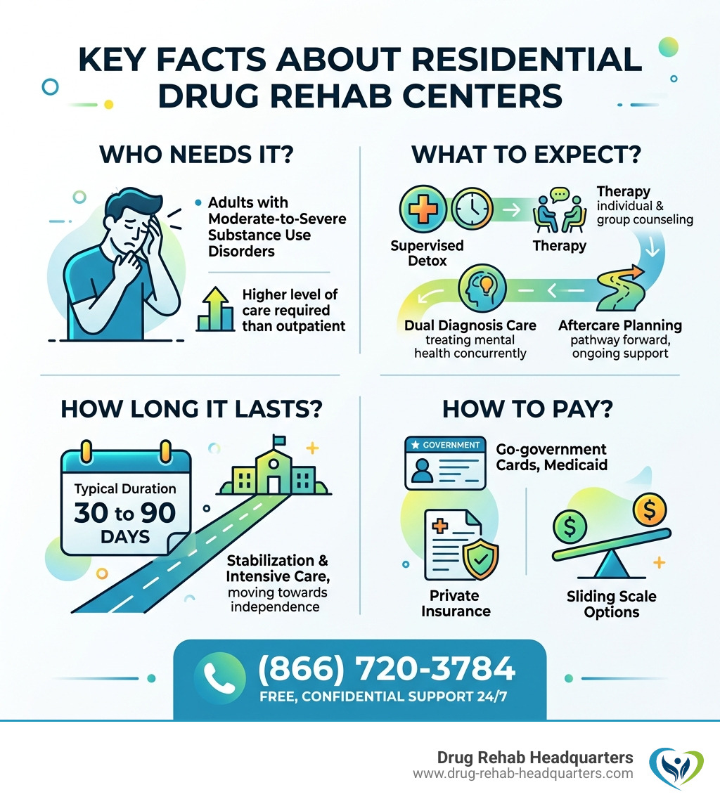 key facts about residential drug rehab centers: who needs it, what to expect, how long it lasts, and how to pay