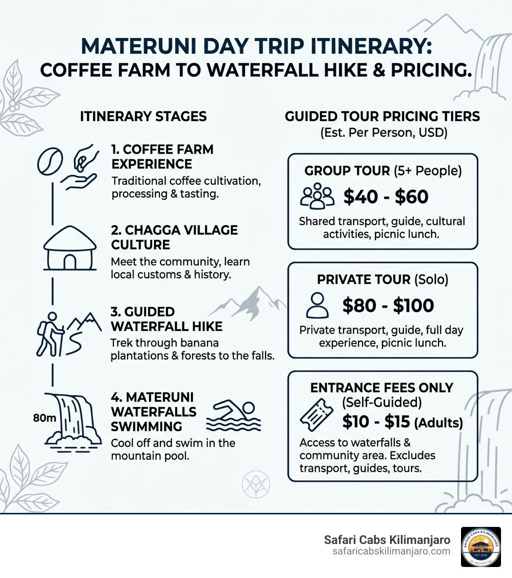 Materuni day trip itinerary from coffee farm to waterfall hike with pricing tiers - materuni waterfalls tickets infographic Materuni day trip itinerary from coffee farm to waterfall hike with pricing tiers - materuni waterfalls tickets infographic
