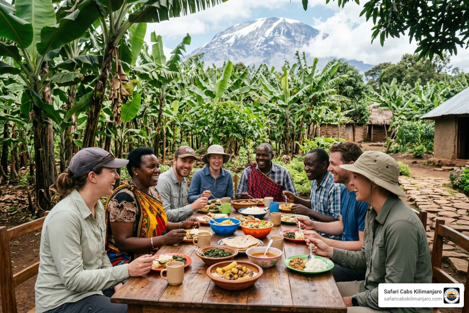 Travelers enjoying a traditional Chagga lunch in Materuni village - materuni waterfalls tickets Travelers enjoying a traditional Chagga lunch in Materuni village - materuni waterfalls tickets