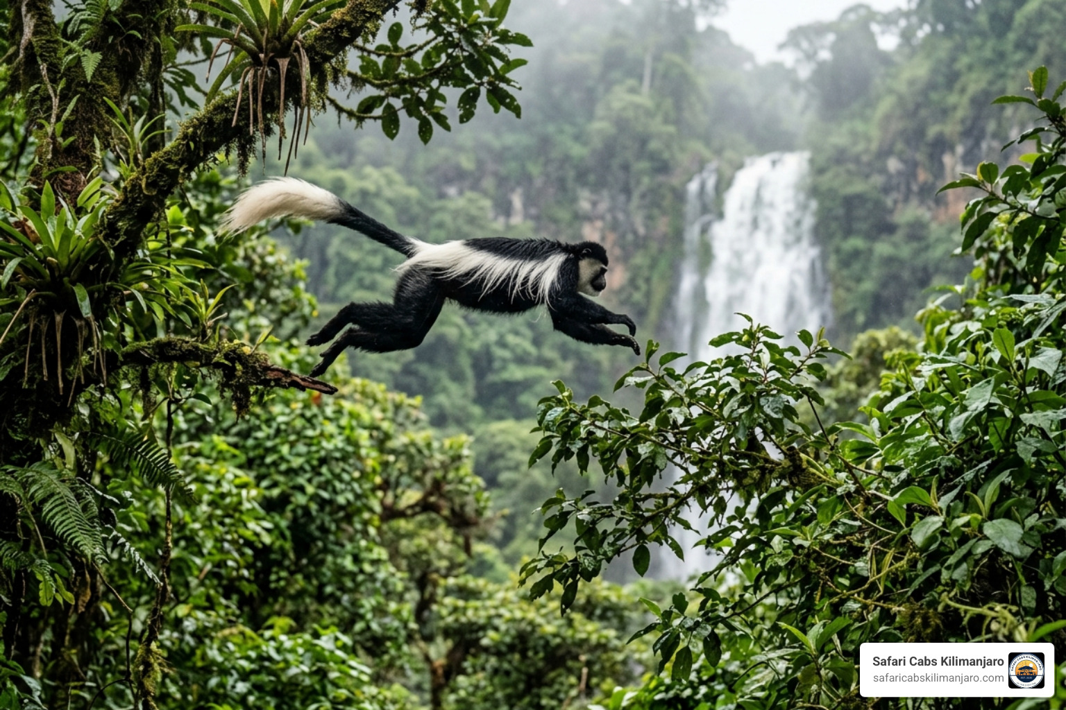 A Black-and-white colobus monkey leaping through the high rainforest canopy near Materuni - materuni waterfalls wildlife A Black-and-white colobus monkey leaping through the high rainforest canopy near Materuni - materuni waterfalls wildlife