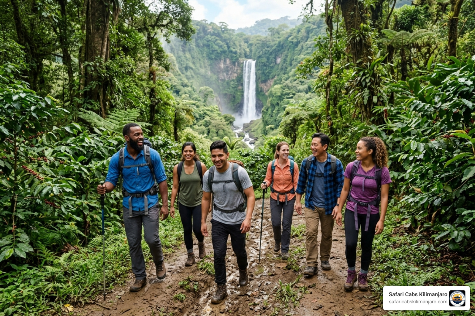 A group of happy hikers navigating the lush, green trail toward Materuni Waterfalls - materuni waterfalls wildlife spotting A group of happy hikers navigating the lush, green trail toward Materuni Waterfalls - materuni waterfalls wildlife spotting