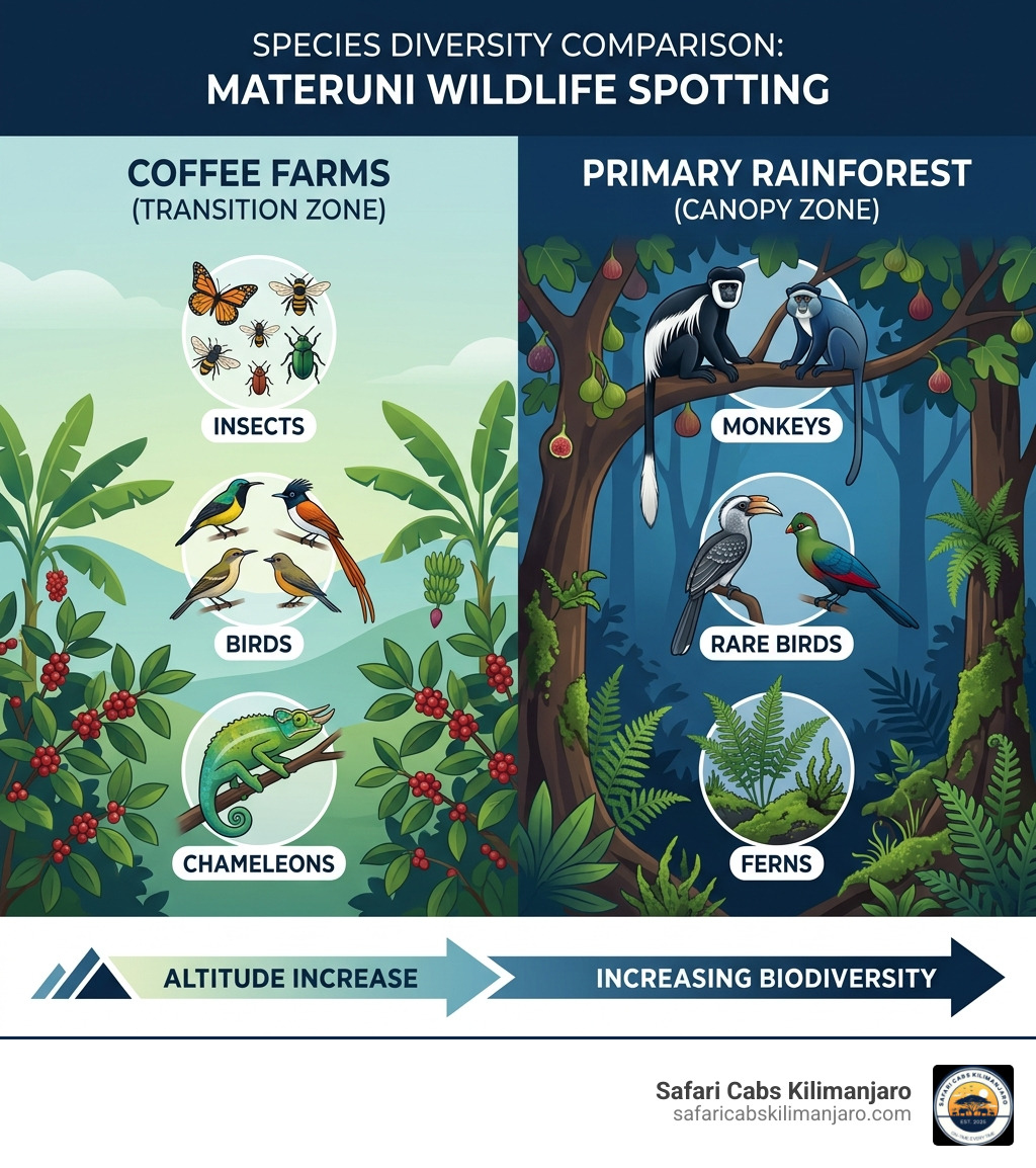 Infographic comparing species diversity: Coffee farms (insects, birds, chameleons) vs. Primary Rainforest (monkeys, rare Infographic comparing species diversity: Coffee farms (insects, birds, chameleons) vs. Primary Rainforest (monkeys, rare