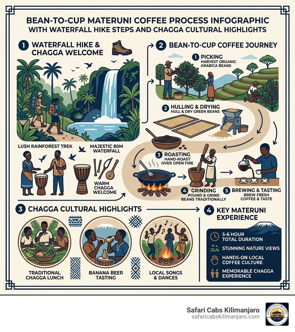 bean-to-cup Materuni coffee process infographic with waterfall hike steps and Chagga cultural highlights - materuni