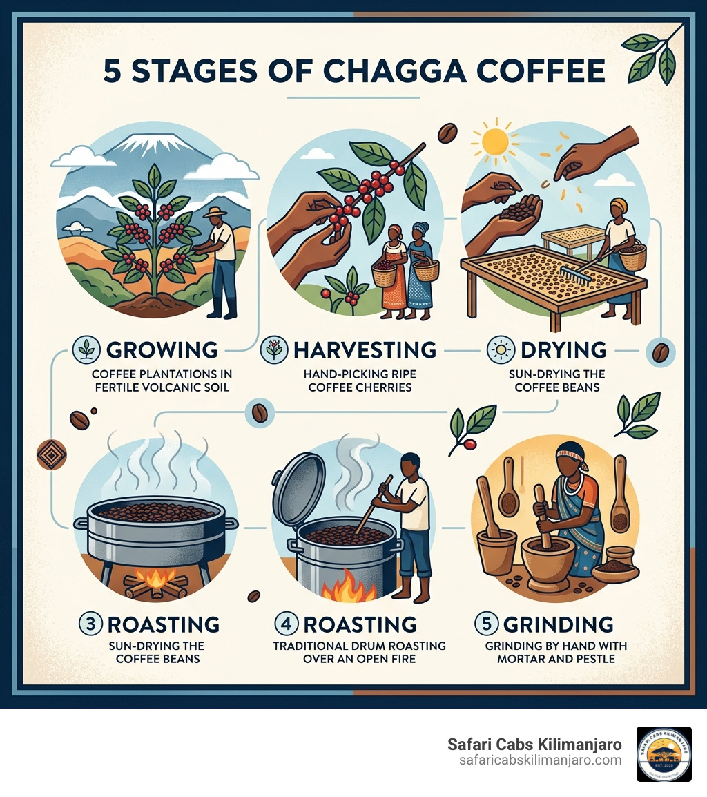 Infographic showing the 5 stages of Chagga coffee: Growing, Harvesting, Drying, Roasting, Grinding - materuni waterfalls and