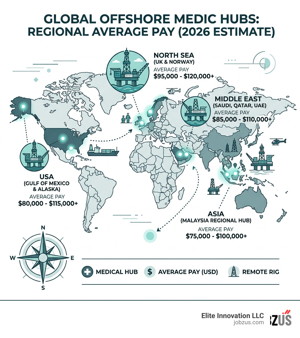 Infographic showing global offshore medic hubs and average pay by region - offshore rotational medic positions infographic 