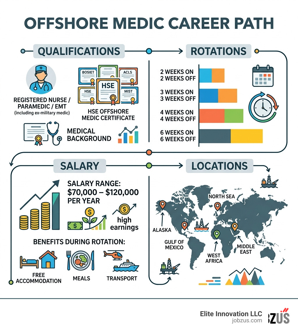 Offshore medic career path infographic showing qualifications, rotations, salary, and locations - offshore rotational medic