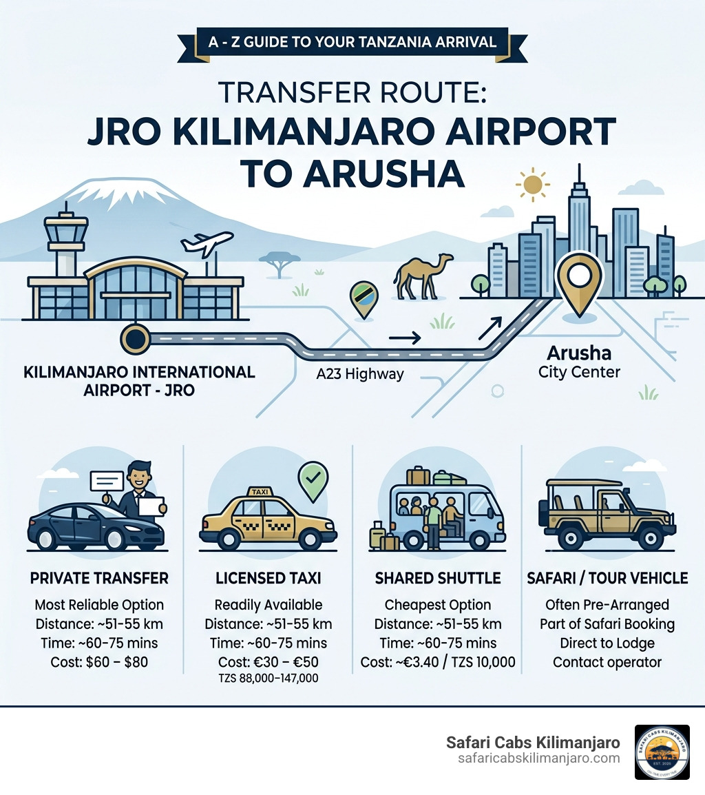 Infographic showing transfer route from JRO Kilimanjaro Airport to Arusha city center with distance time cost options Infographic showing transfer route from JRO Kilimanjaro Airport to Arusha city center with distance time cost options