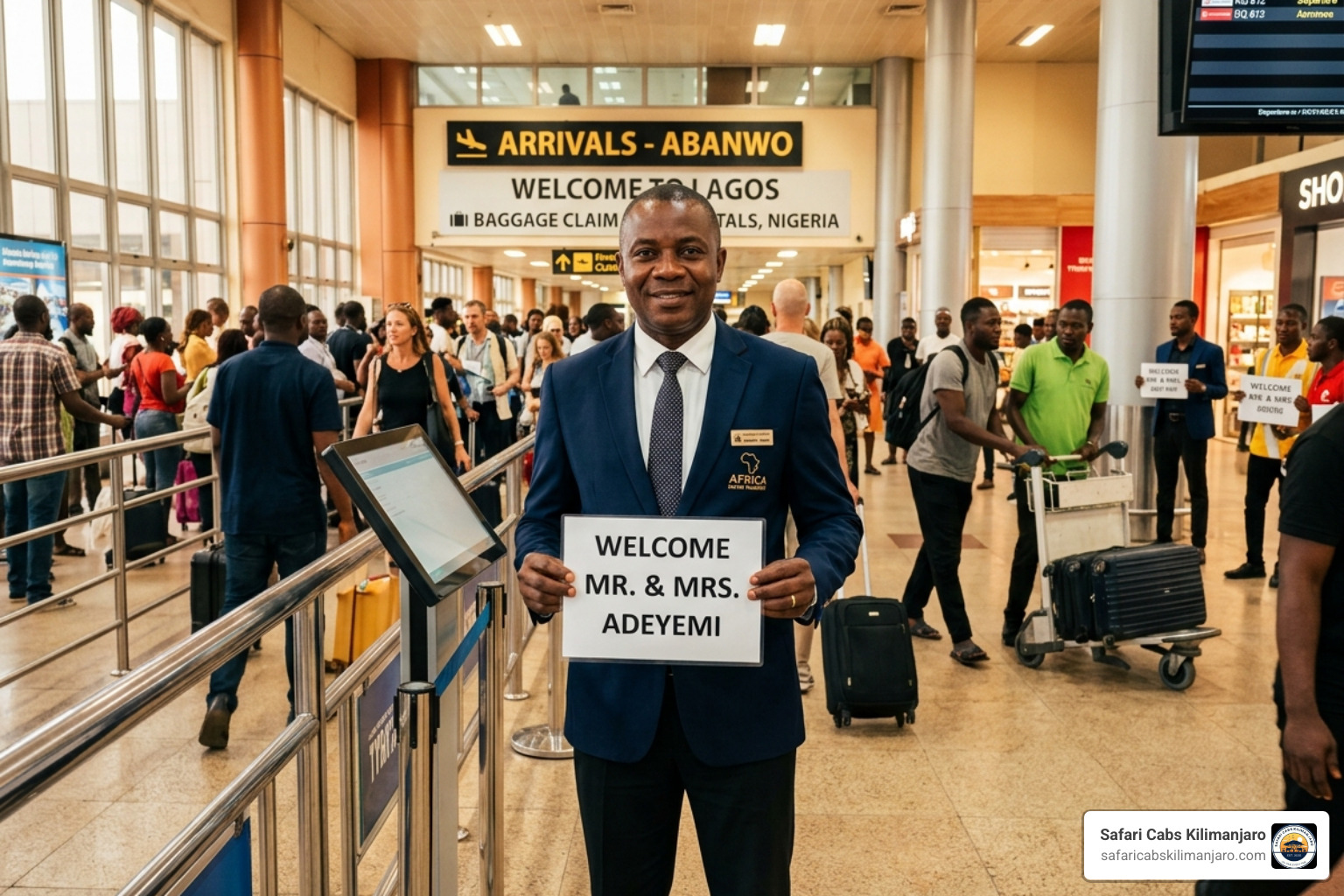 Professional driver in uniform holding a name sign at JRO arrivals hall - Kilimanjaro Airport to Arusha Professional driver in uniform holding a name sign at JRO arrivals hall - Kilimanjaro Airport to Arusha