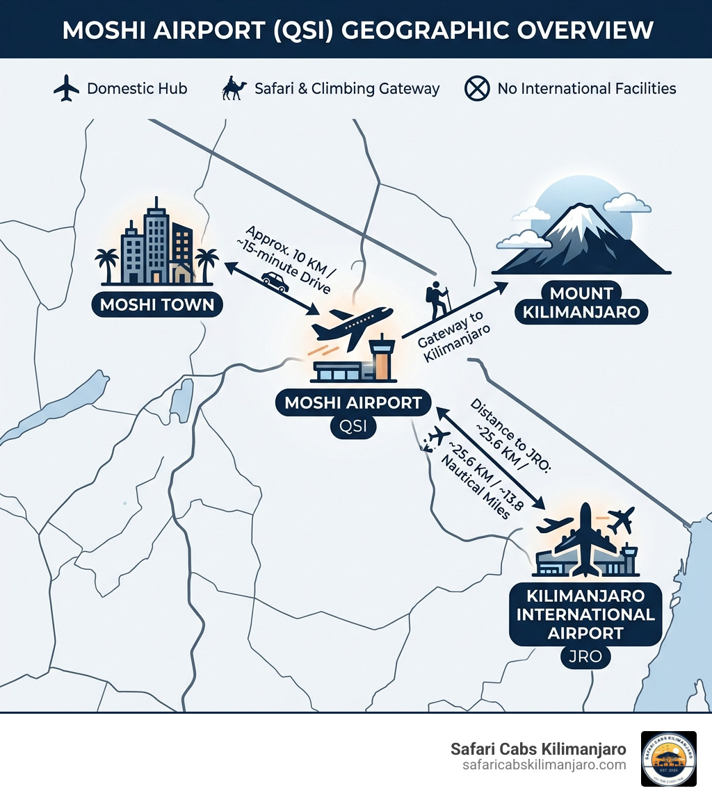 Infographic showing Moshi Airport location relative to Moshi Town, Mount Kilimanjaro, and Kilimanjaro International Airport